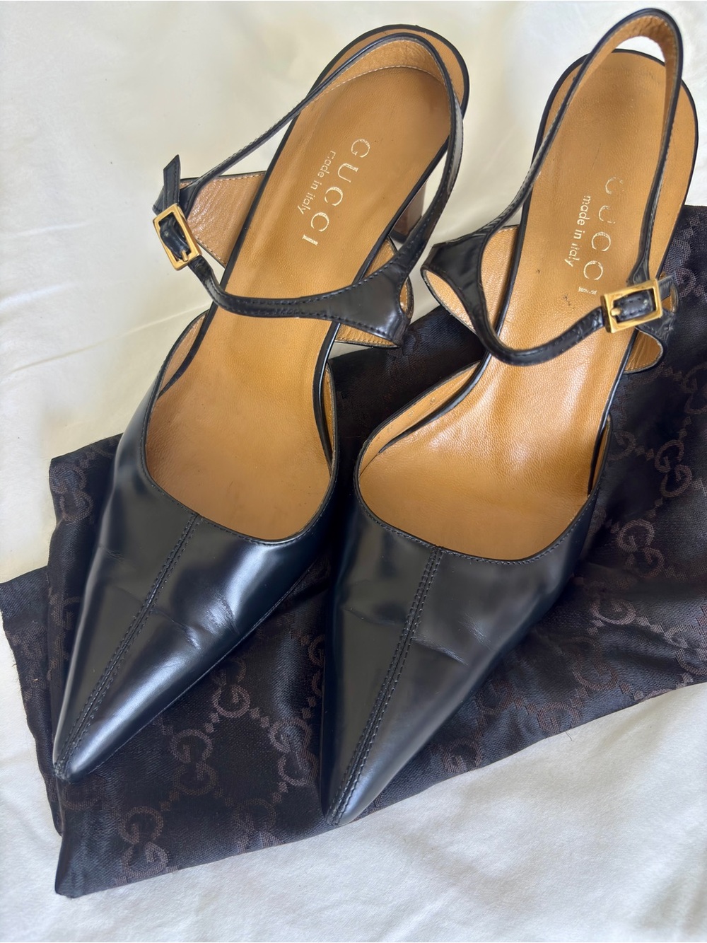 Gucci Vintage Black Leather Pointed Toe Slingback Pumps Heels Size 9B - Picture 9 of 16